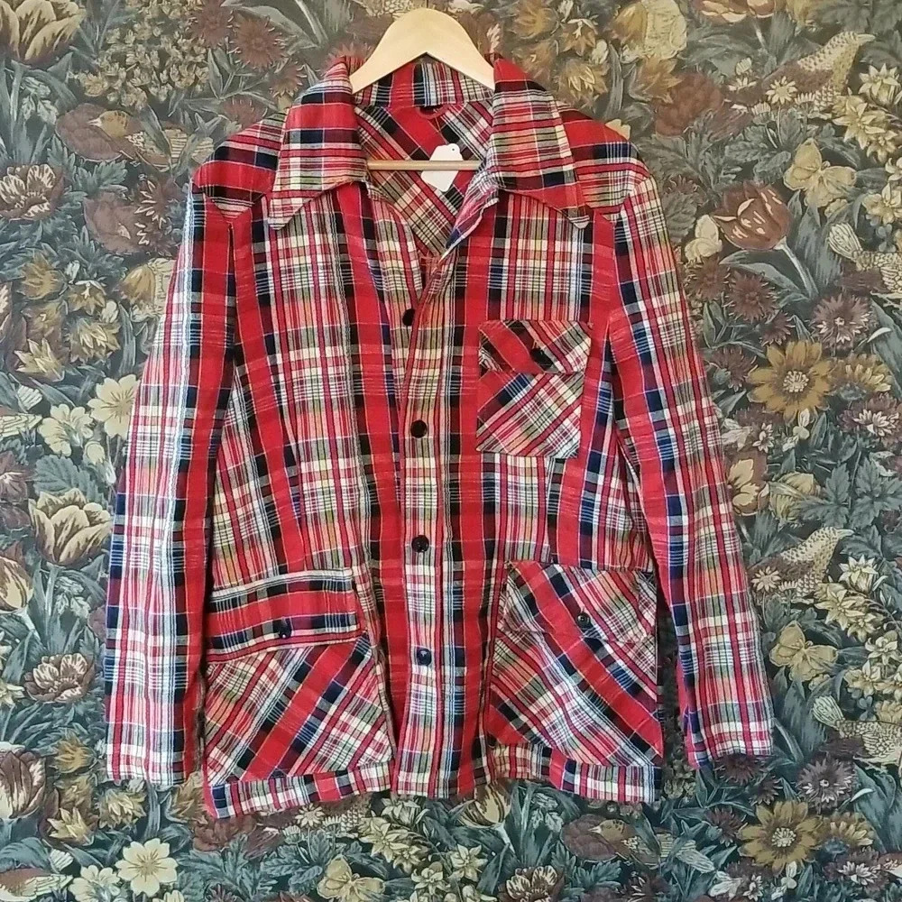 Vintage 70s Utex Plaid Jacket – Red & Blue Patch Pocket Size Medium Lumberjack